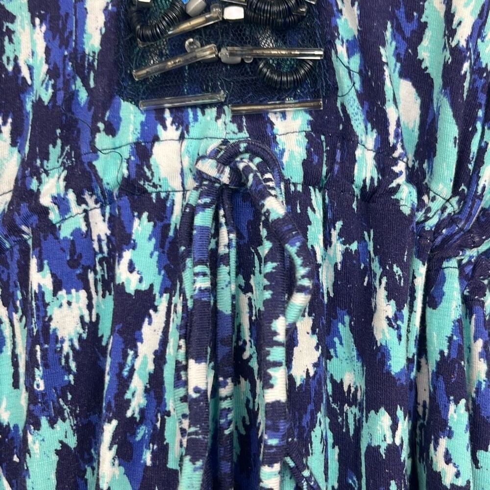 Cabana Life Small Blue Print Beaded Drawstring Batwing Sleeve Swim Coverup Beach - Picture 6 of 10